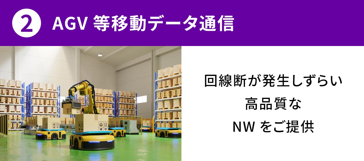 2.AGV等移動データ通信：回線断が発生しづらい高品質なNWをご提供